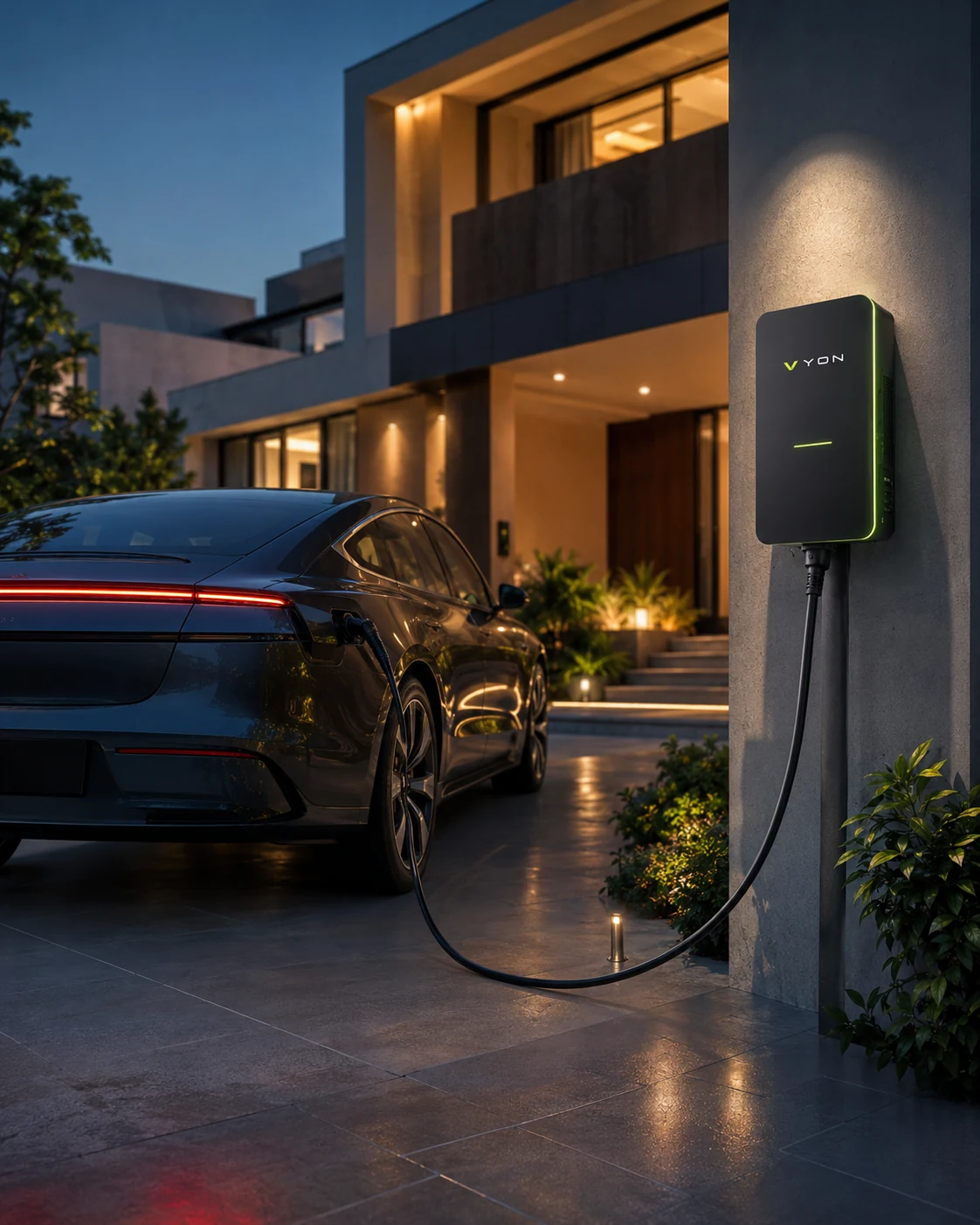 VYON wall charger mounted beside a private driveway